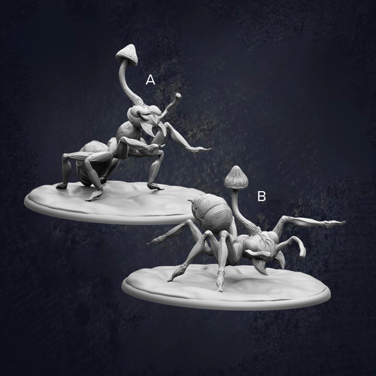 two figurines of insects, one on top of a mushroom and the other on a rock, set against a dark background.