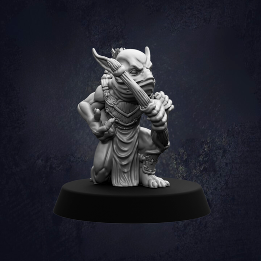 A 3D model of a fantastical creature, possibly a gnome or a similar character, sitting on a pedestal and holding a weapon.