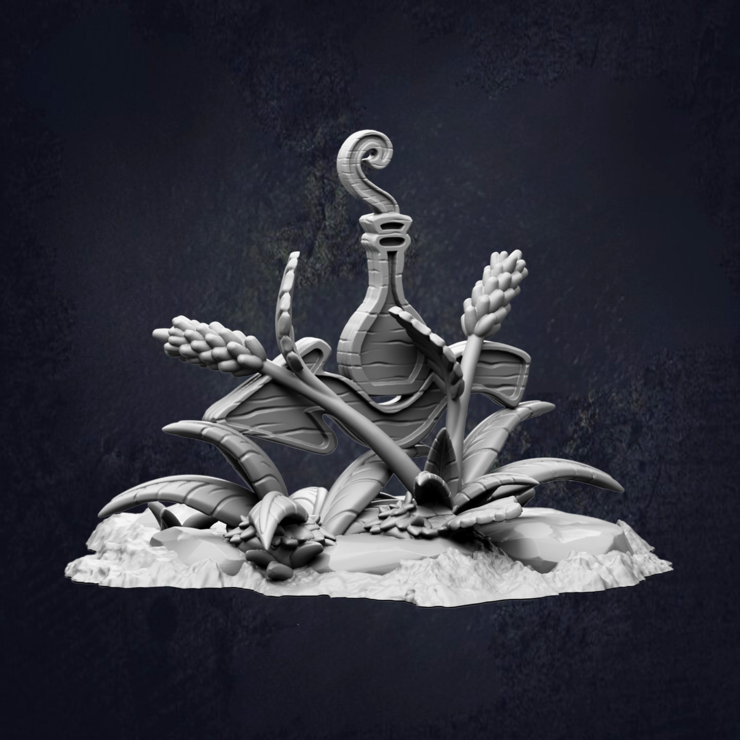 A black and white image depicting a stylized, abstract sculpture with various organic shapes and forms, including a bottle-like structure, against a dark background.