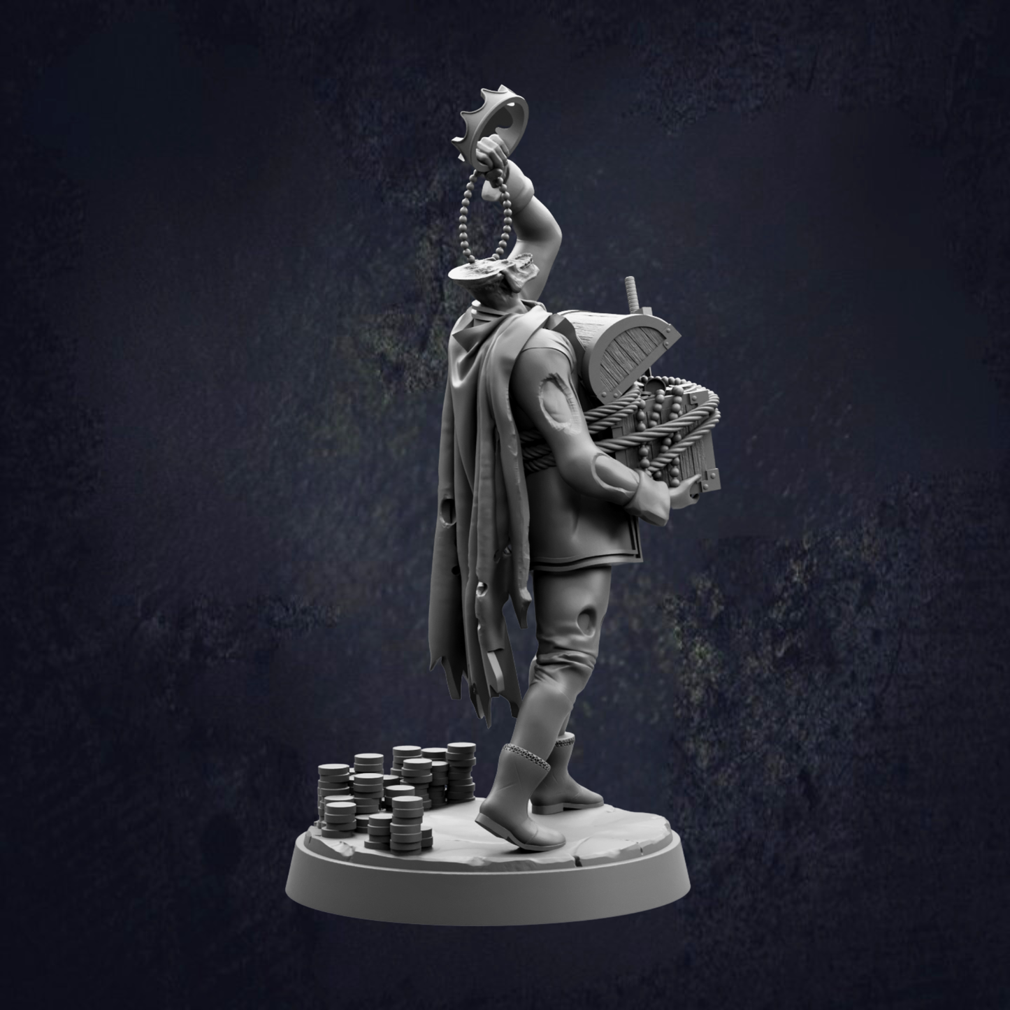 A statue of a person standing on a pedestal, holding a chain and a small object in their hand.