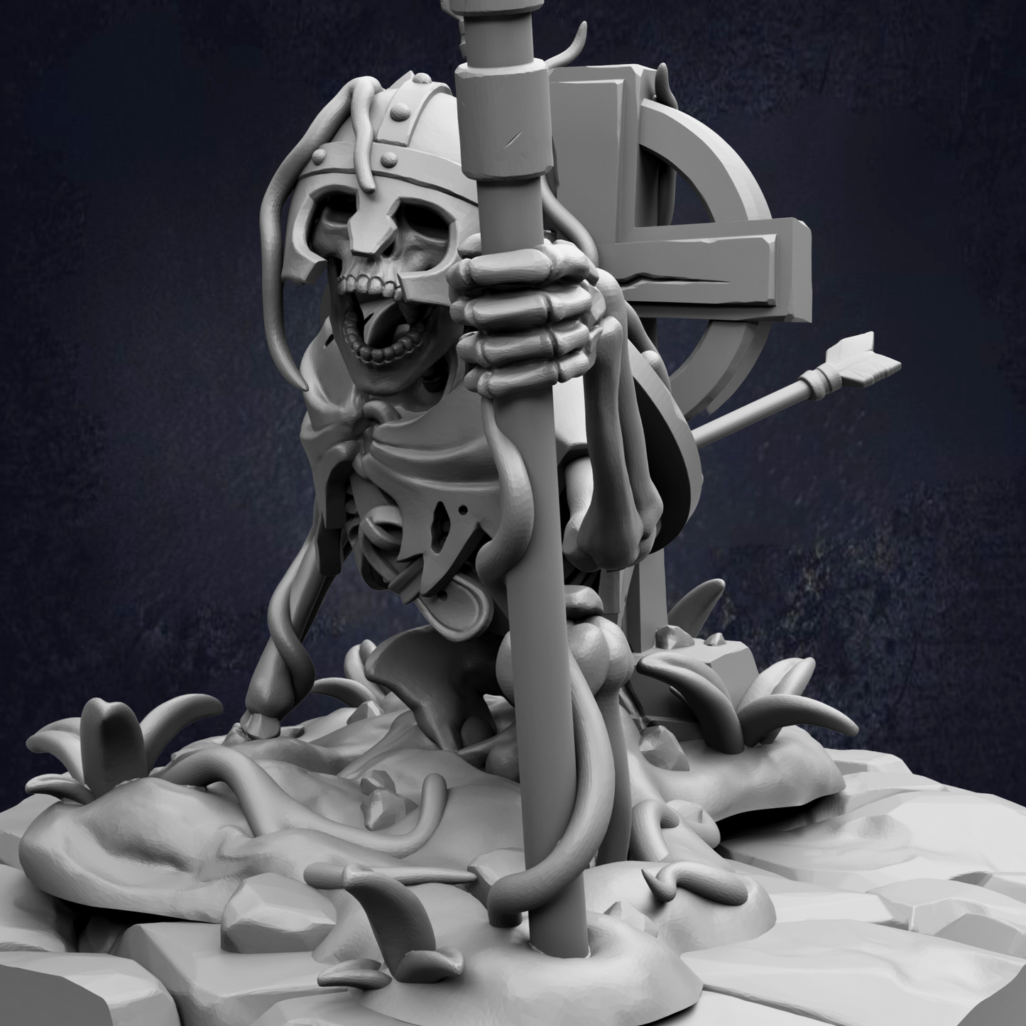 A 3D rendering of a skeletal figure with a cross-like symbol on its back, standing on a rocky surface.