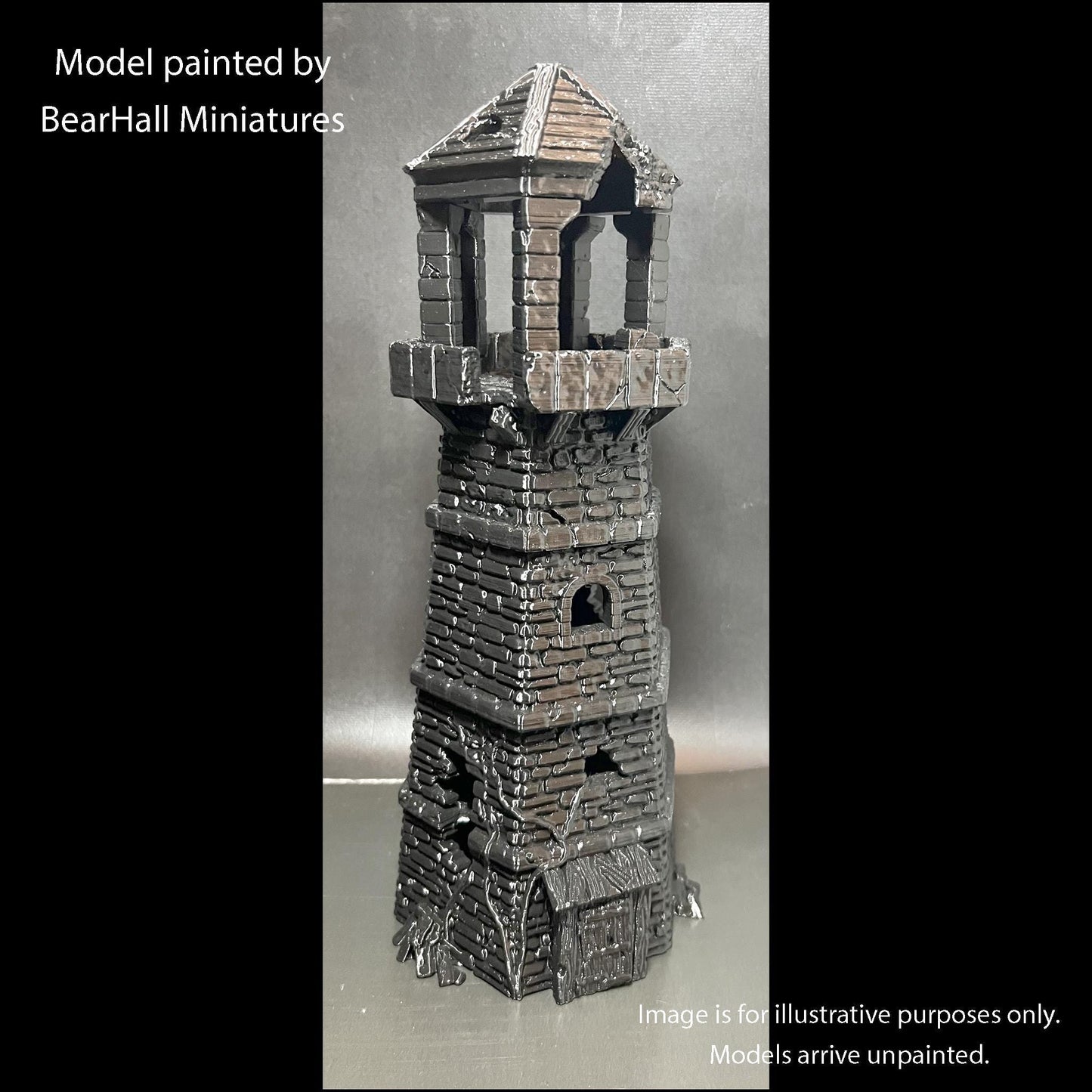 A model of a tower painted by Bear Hall Miniatures.
