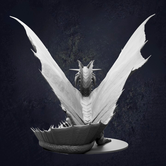 A detailed black and white image depicting a large dragon with outstretched wings, sitting on a round base.