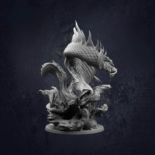Side view of the Koi Dragon Gargantuan Ancient Water Dragon D&D RPG miniature, showing a serpentine dragon with flowing fins, whiskers and detailed scales rising from a rocky ocean base. 166mm tall on a 100mm base. Requires assembly.