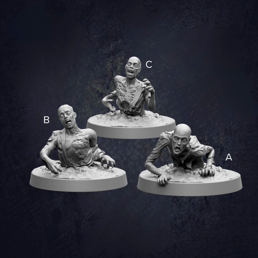 three different views of a zombie figurine, each with a different pose and expression.