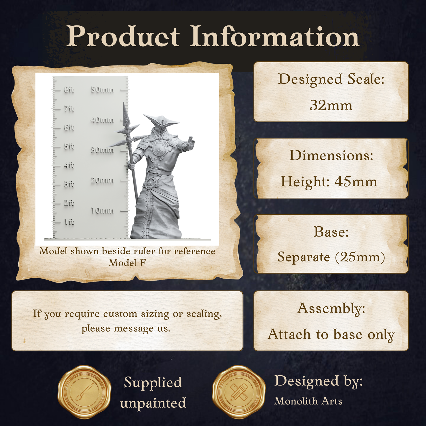 The image is a product information display featuring a statue of a figure, likely a model F, with dimensions and information about its scale, base, and assembly instructions.