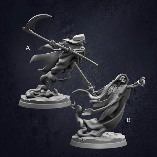 two figurines of a ghost or skeleton, one standing upright and the other in a fighting stance, against a dark background.