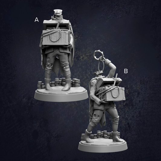 two figurines, each holding a chest, set against a dark background.