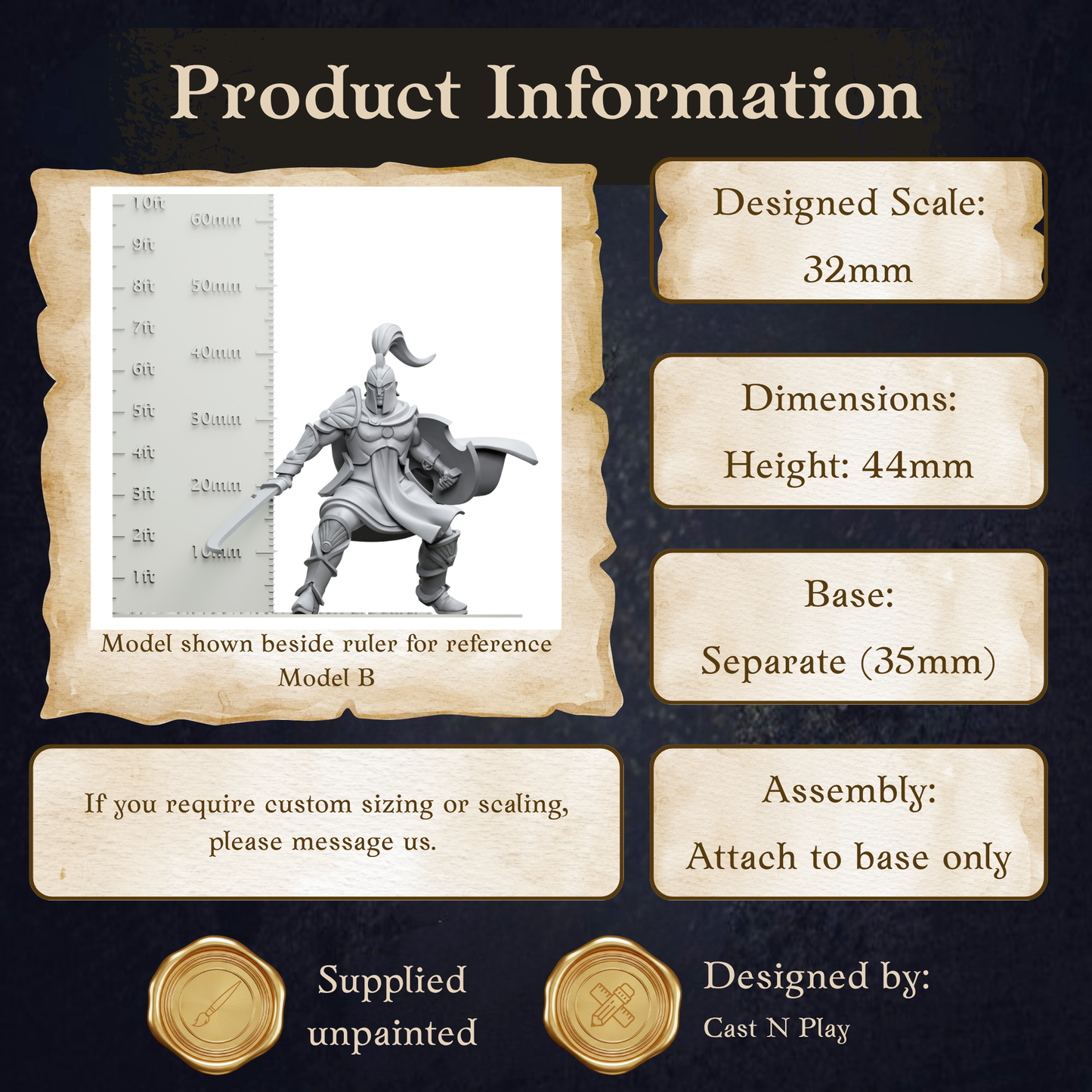 The image is a product information graphic that provides details about a model, including its dimensions, height, base, and assembly instructions.