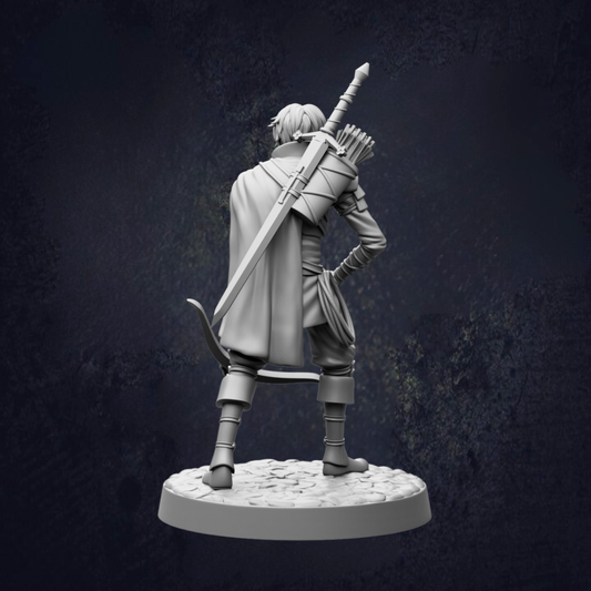 A black and white image depicting a figure holding a sword and bow, standing on a platform against a dark background.