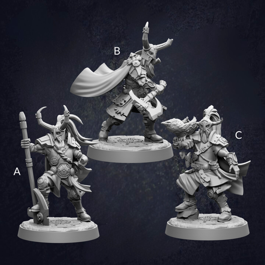 three figurines of characters, each with distinct poses and weapons, set against a dark background.