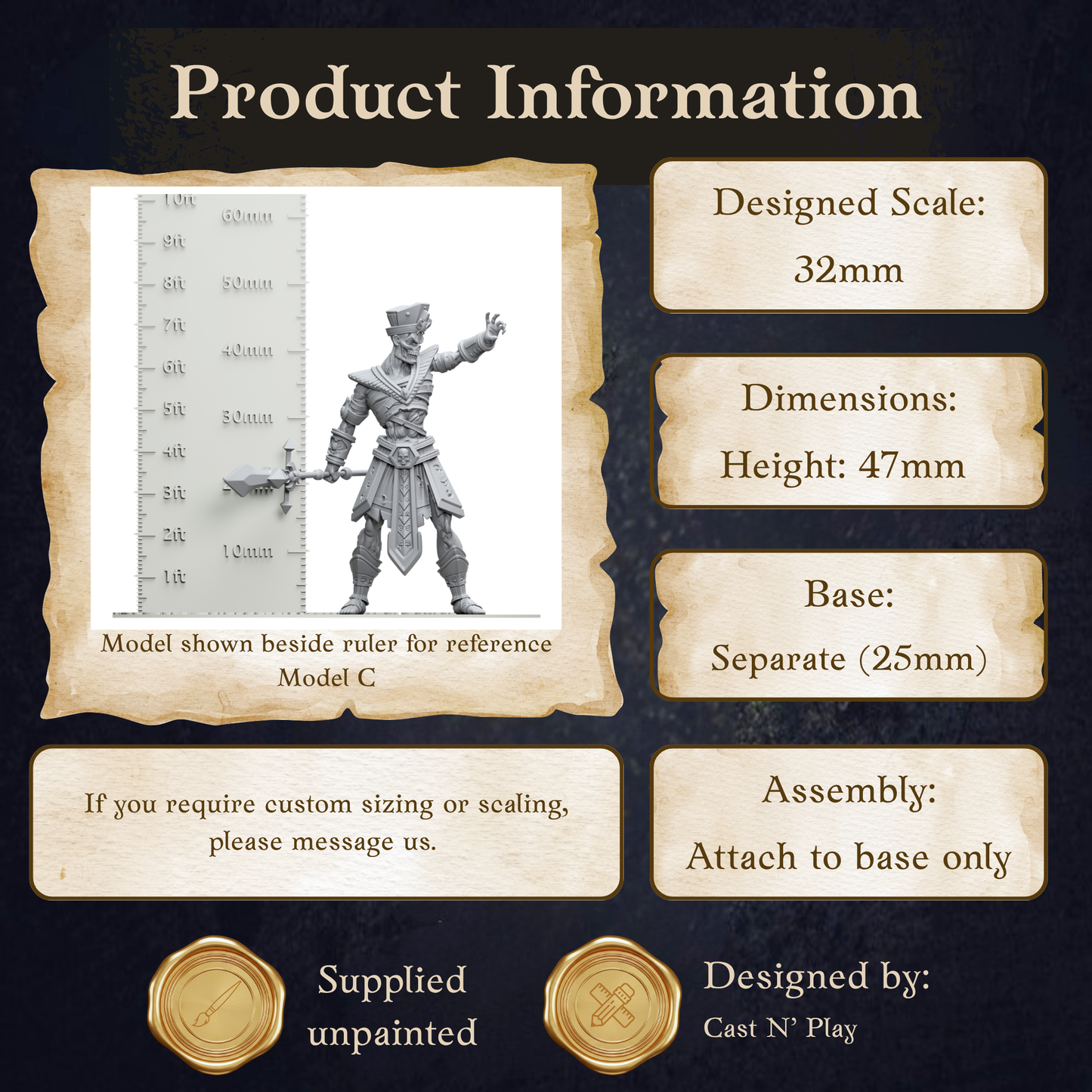 The image is a product information graphic for a figurine, specifically Model C, with dimensions and a base size of 47mm. It is designed by Cast N Play.