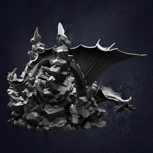 A dark, moody image depicting a large, menacing dragon-like creature with sharp teeth and claws, surrounded by jagged rocks and a dark background.