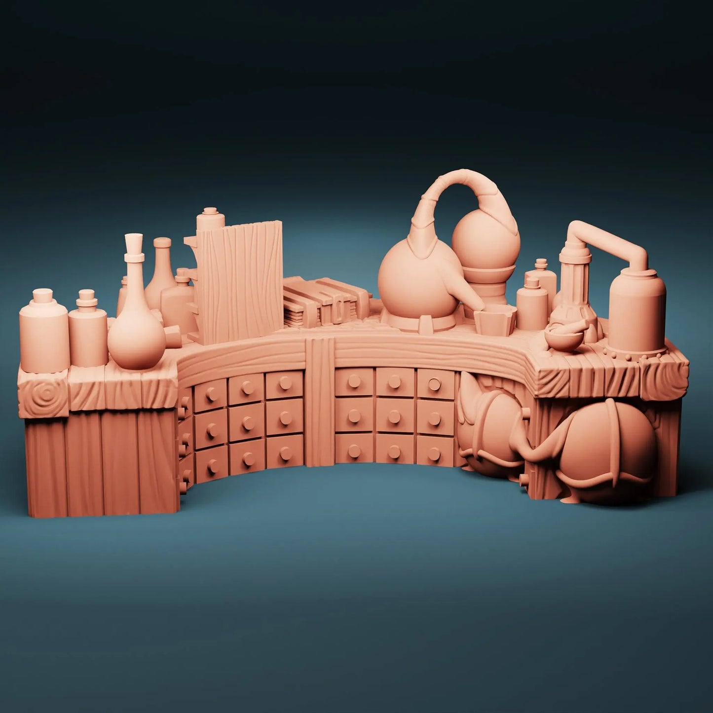 A 3D Printed Wizards Alchemical Desk used for scatter terrain in tabletop gaming. Ideal furniture for wizards towers, a science lab or a study when playing dungeons and dragons, pathfinder or any wargaming. Printed using PLA the desk has many drawers on the side, with bottles, flasks and books on top.