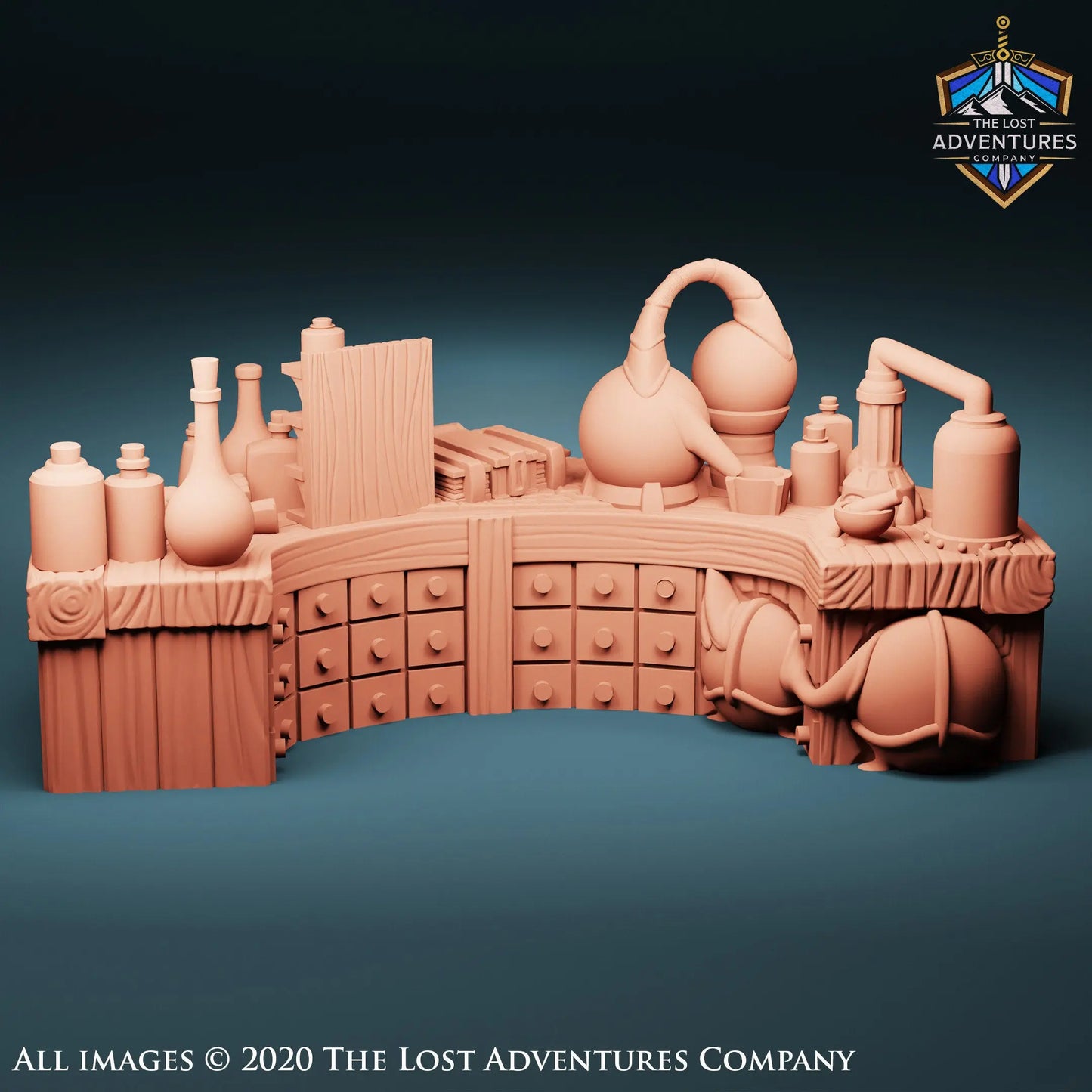 A 3D Printed Wizards Alchemical Desk used for scatter terrain in tabletop gaming. Ideal furniture for wizards towers, a science lab or a study when playing dungeons and dragons, pathfinder or any wargaming. Printed using PLA the desk has many drawers on the side, with bottles, flasks and books on top.
