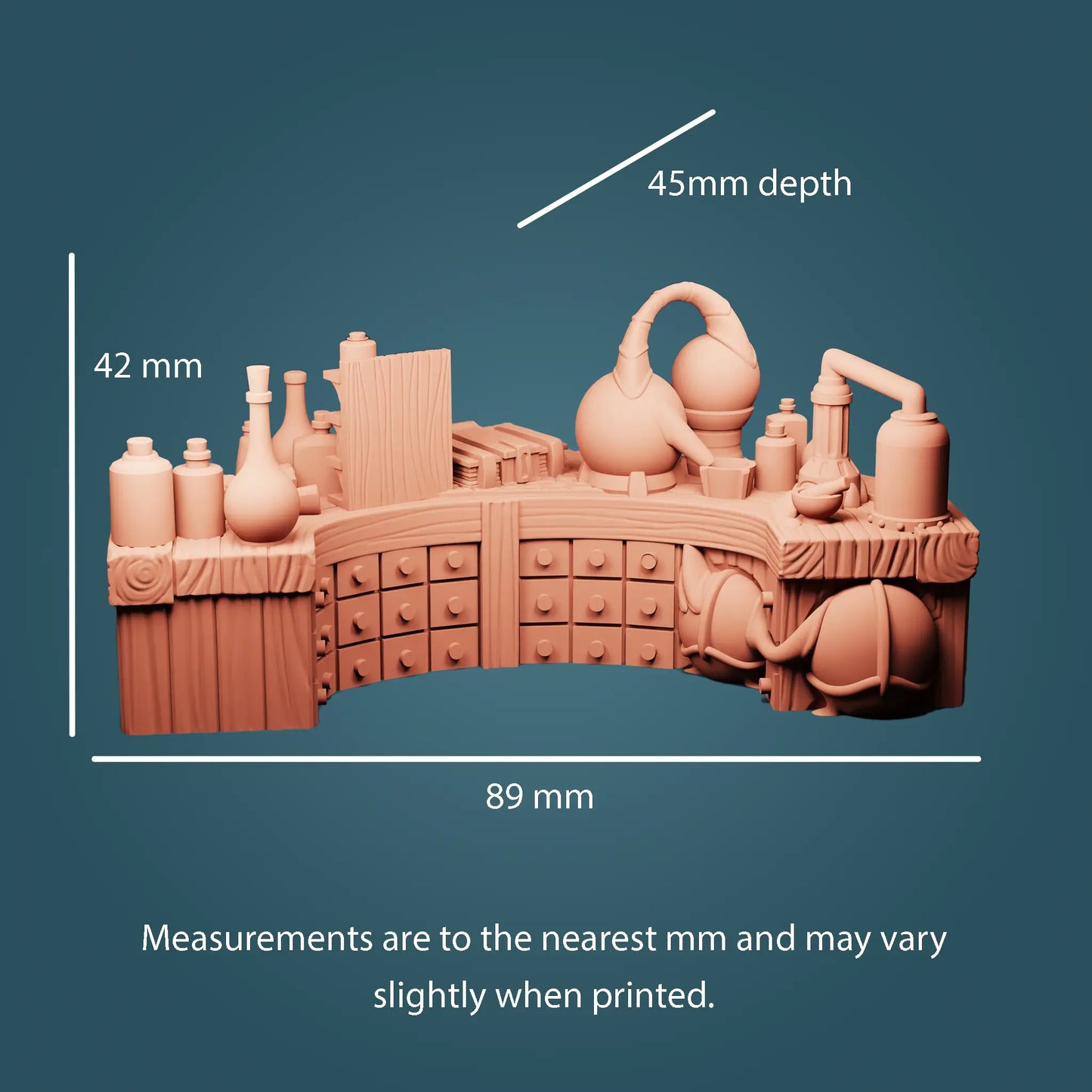 Measurement diagram for a 3D Printed Wizards Alchemical Desk used for scatter terrain in tabletop gaming. Height - 42mm, Width 89mm and Depth of 45mm. Ideal furniture for wizards towers, a science lab or a study when playing dungeons and dragons, pathfinder or any wargaming. Printed using PLA the desk has many drawers on the side, with bottles, flasks and books on top.