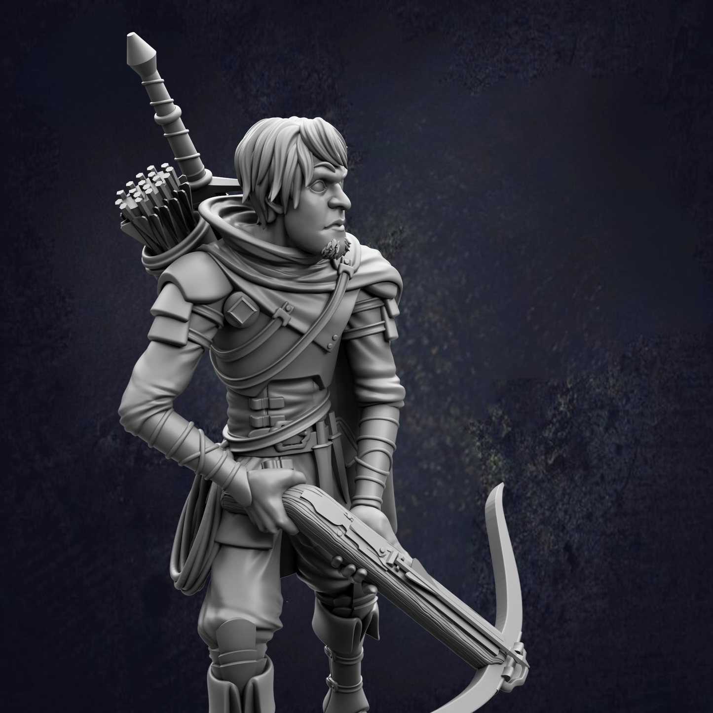 A 3D rendering of a knight figure holding a crossbow and shield, standing in a defensive stance.