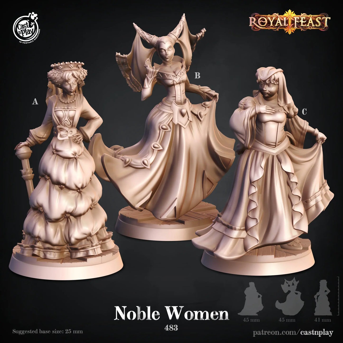 A finely detailed DnD miniature set featuring a group of noble women in elegant, regal attire. Each miniature is dressed in intricately designed gowns, jewelry, and accessories, reflecting their status in high society. Their poses are graceful, with dignified expressions that suggest poise and authority. These miniatures are ideal for use in social encounters or noble courts, adding depth to campaigns with a focus on politics, intrigue, or aristocracy.