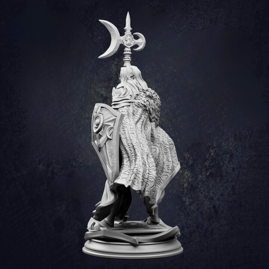 A detailed 3D model of a knight figure, standing on a pedestal and holding a shield and a sword.
