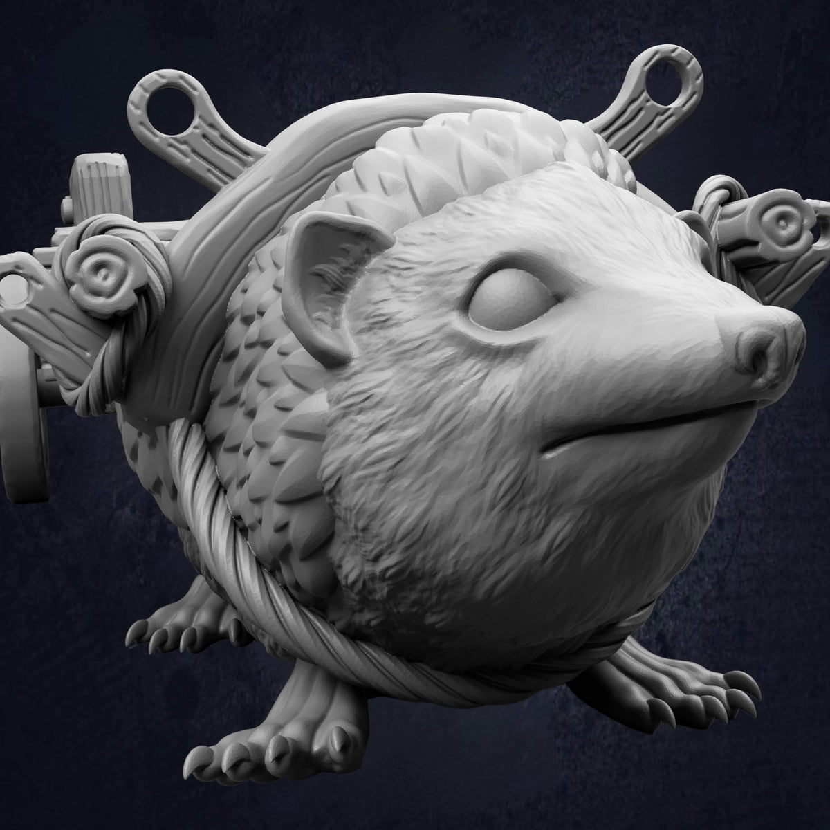 A detailed 3D rendering of a hedgehog-like creature with a large head, long snout, and intricate facial features.