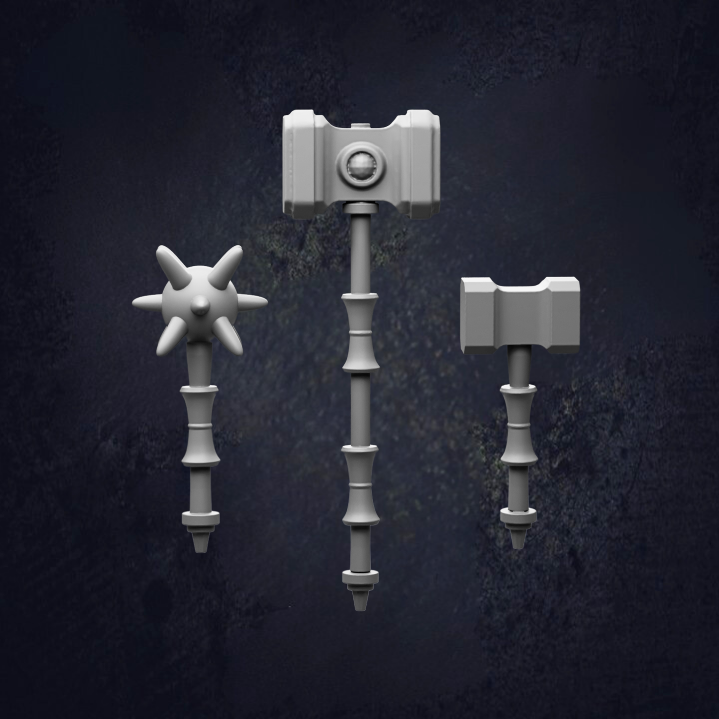 three 3D-rendered weapons, including a hammer, a mace, and a saber, all set against a dark background.