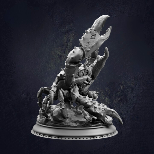 A detailed 3D model of a crab-like creature with sharp claws and a menacing expression, standing on a rocky base.