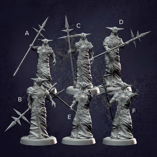 six detailed statues of medieval-style knights, each holding a spear and standing on a pedestal. The statues are arranged in a grid-like pattern, with each knight positioned next to its corresponding pedestal. The statues are all facing the same direction, suggesting a sense of unity and purpose among the knights.