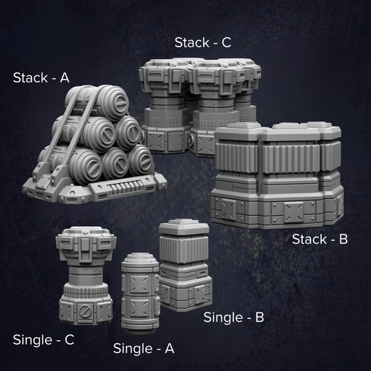 various 3D models of stacked containers or cubes, each labeled with a different type of stack.