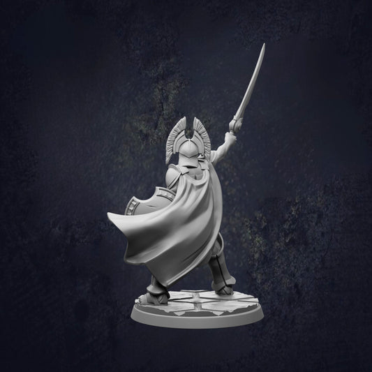 A statue of a warrior figure in a fighting stance, holding a sword and shield, against a dark background.