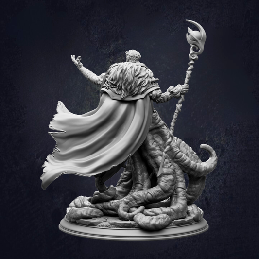 A detailed 3D model of a fantastical creature, possibly a dragon or serpent, with flowing robes and a staff, set against a dark background.