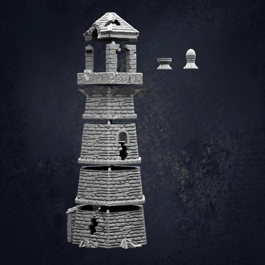 A 3D rendering of a stone tower with a pointed roof, set against a dark background.