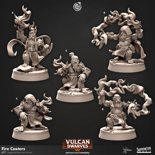 3D miniatures of Vulcan Dwarves, labeled A to E, wielding magical fire effects. Each dwarf has a unique pose and attire, combining traditional fantasy dwarf aesthetics with flame-casting abilities. The miniatures feature detailed beards, runic armor, flowing robes, and swirling flames emanating from their hands. Some wear hoods or capes, while others have exposed muscular torsos. The base of each figure is textured to resemble rocky terrain and 25mm in size. Ideal for DnD and RPGs.