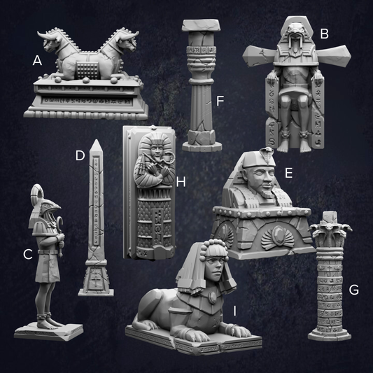 a collection of seven distinct statues or figurines, each with unique features and designs, arranged against a dark background.