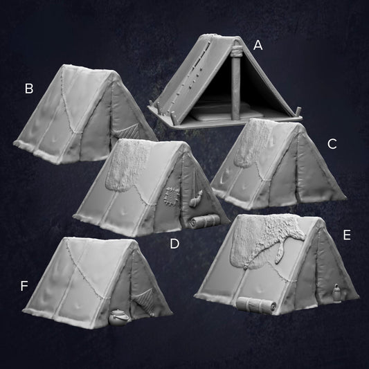 six different views of a tent, each with varying designs and features.