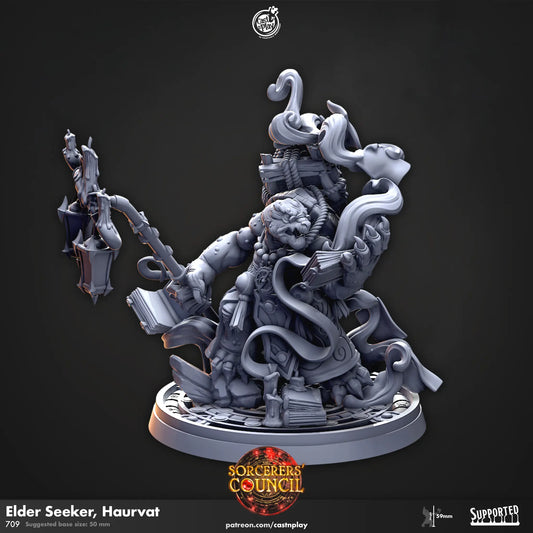 A finely detailed DnD miniature of Haurvat, the Elder Seeker. The character is adorned in ancient, wisdom-infused robes, with symbols that suggest a connection to deep knowledge or divine power. Their posture is upright and dignified, holding a staff or tome of great importance. Haurvat’s facial expression is serene yet commanding, embodying the role of a wise seeker of truth or power.