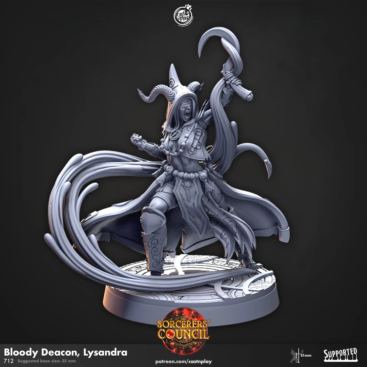 A highly detailed DnD miniature of Lysandra, the Bloody Deacon. The character is clad in dark, gothic armor with intricate details, including bloodstains and ominous symbols. Lysandra holds a weapon—likely a ceremonial weapon or an instrument of dark rituals—with a fierce and determined expression. The figure's ominous design makes it ideal for dark fantasy campaigns, where the character serves as a figure of power and dread.