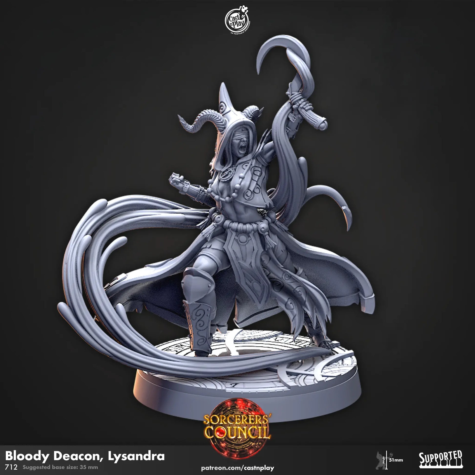 A highly detailed DnD miniature of Lysandra, the Bloody Deacon. The character is clad in dark, gothic armor with intricate details, including bloodstains and ominous symbols. Lysandra holds a weapon—likely a ceremonial weapon or an instrument of dark rituals—with a fierce and determined expression. The figure's ominous design makes it ideal for dark fantasy campaigns, where the character serves as a figure of power and dread.