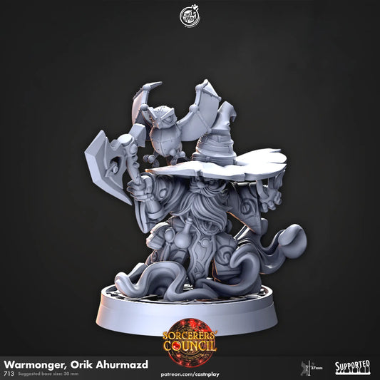A detailed DnD miniature of Orik Ahurmazd, the Warmonger. This  dwarven wizard is clad in heavy armour with intricate, battle-worn details over his robe, suggesting his status as a seasoned warrior. He holds an axe, and stands in a powerful, combat-ready pose. His stern expression and imposing stance reflect his role as a fierce and unyielding leader. The textured base enhances his presence as a formidable force on the battlefield.