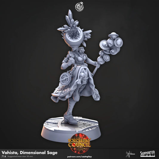 Unpainted 3D-printed resin miniature of Dimensional Sage Vahista for DnD and tabletop RPGs. Highly detailed and perfect for painting, customization, and wargaming.