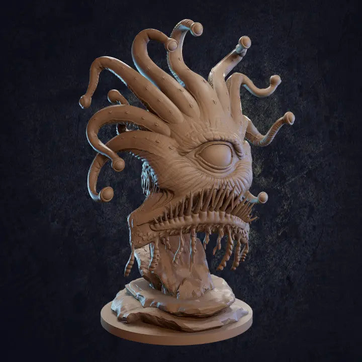 A striking DnD miniature of a bioluminescent-eyed creature with an unsettling, alien form. The monster features large, glowing eyes that seem to pierce the darkness, while its body is covered in twisted, spiny appendages. The creature exudes an aura of terror, with its glowing eyes serving as the focal point of its sinister design. This miniature would be perfect for encounters with eldritch horrors or as a unique boss monster in a dark fantasy setting.