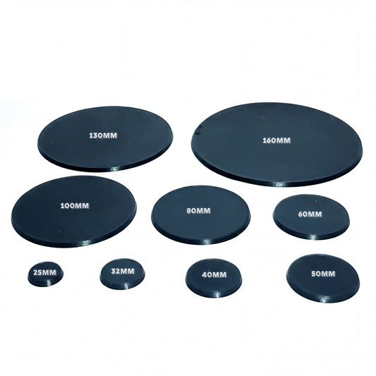 nine black circular objects, each with a different size indicated by the text "130MM", "140MM", "160MM", "100MM", "80MM", "60MM", "32MM", "40MM", and "50MM".