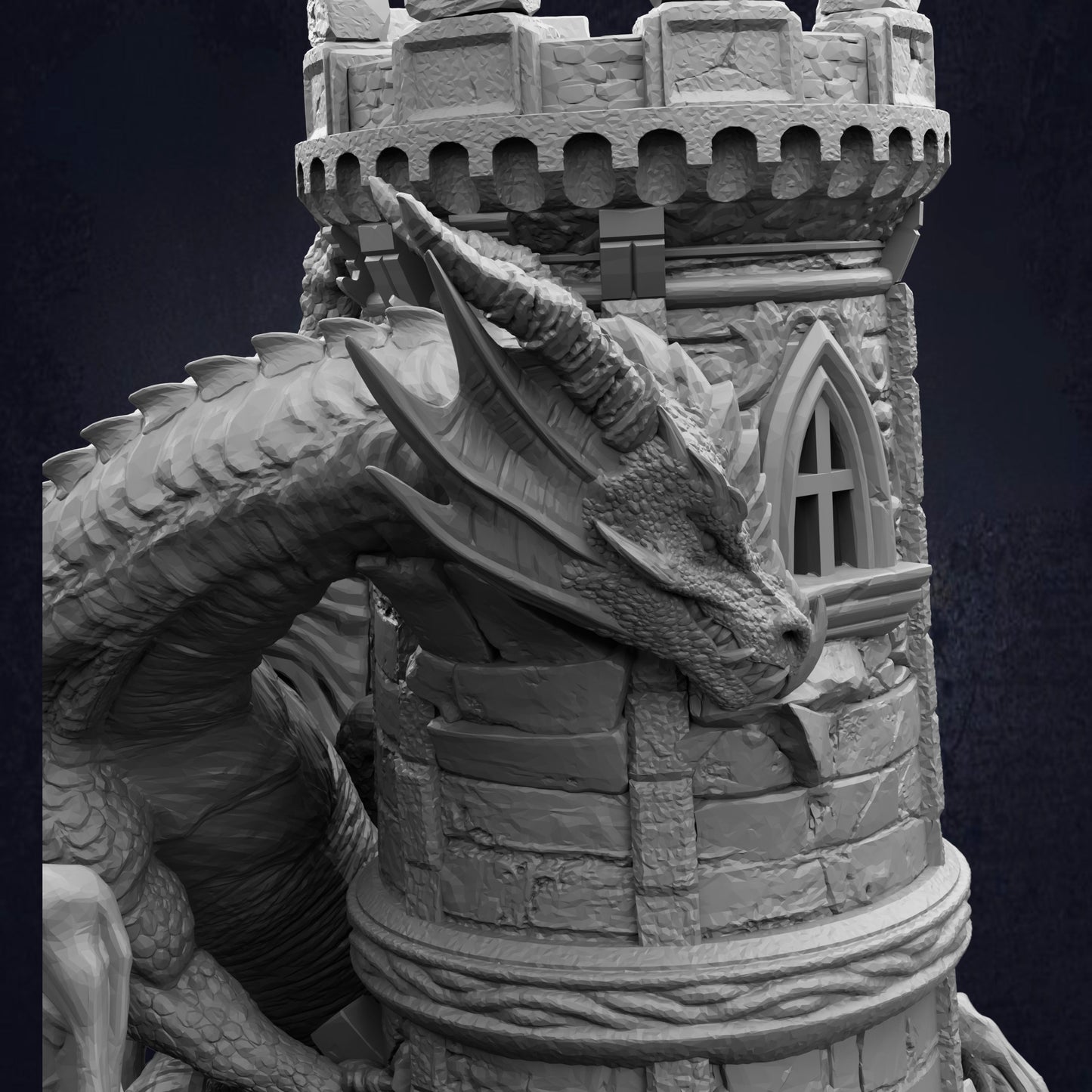 A detailed 3D rendering of a stone dragon statue perched atop a castle tower.