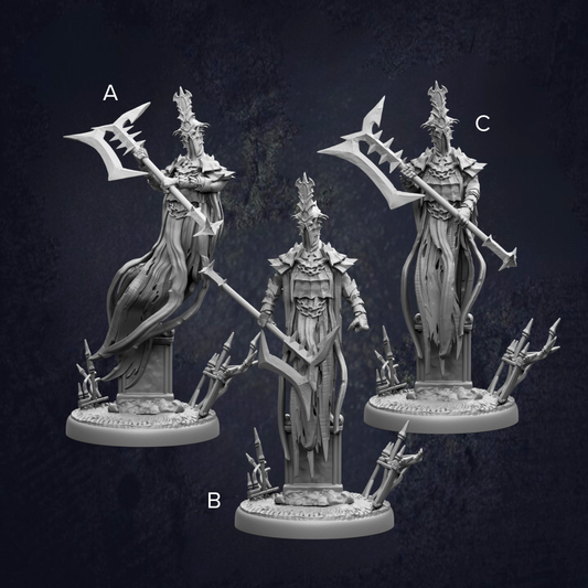three figurines of a dark, fantastical character, each holding a large weapon, possibly a sword or spear. The figurines are arranged in a row, with the first one on the left, the second one in the middle, and the third one on the right. The background of the image is dark, which emphasizes the dark, fantastical nature of the figurines.