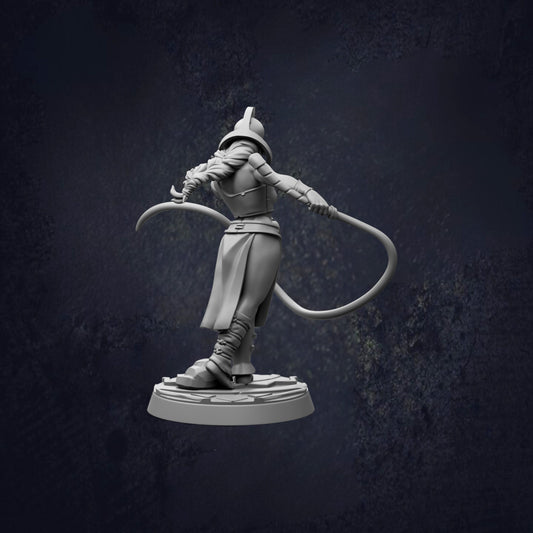 A 3D model of a character holding a weapon and standing in a fighting stance, with a dark background.
