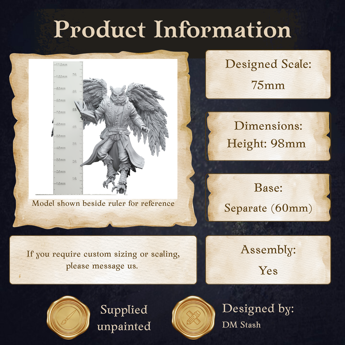 The image is a product information graphic that provides details about a 75mm winged statue, including its dimensions, height, base, and assembly instructions.