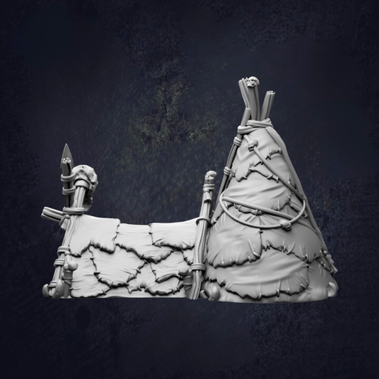 A 3D rendering of a tent-like structure made of fabric and sticks, set against a dark background.