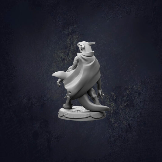 A 3D model of a character with a cape, standing against a dark background.