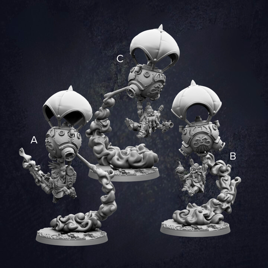 three 3D models of a futuristic-looking character, each with unique features and designs.