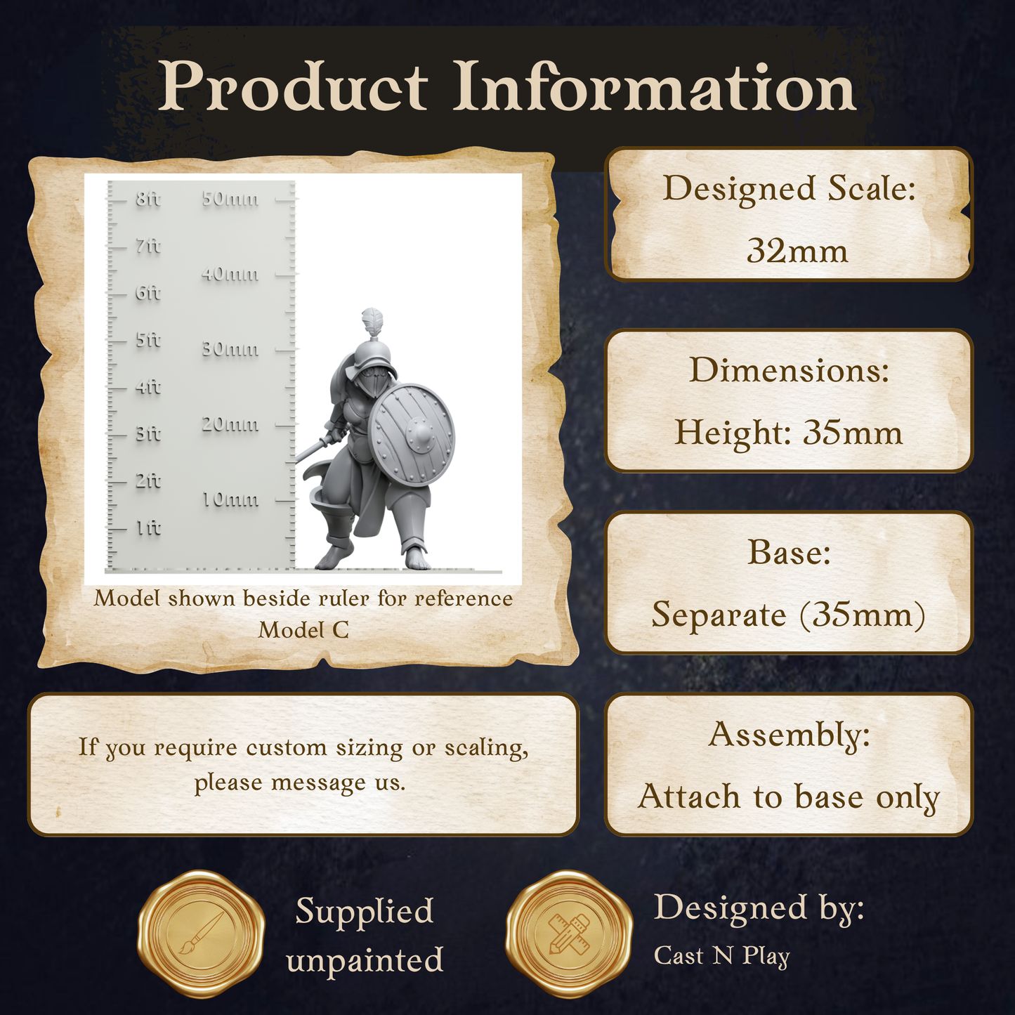 The image is a product information display featuring a model of a shield and a ruler for reference. The model shown beside the ruler is for sale, and it is designed to be 35mm in height. The display includes dimensions and assembly instructions, and it is available for purchase from Cast N Play.