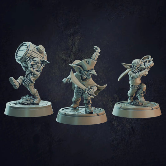 A set of three highly detailed 3D printed resin goblin pirates. There is a pirate captain, a goblin carrying a barrel and a sword brandishing attack posed goblin. Ideal to add to any seafaring d&d or rpg tabletop campaign. Designed by Cast N Play at 32mm scale, and on 25mm bases.